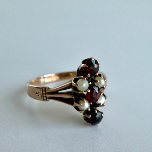 Antique Garnet & Seed Pearl 10K Rose Gold Cluster Ring