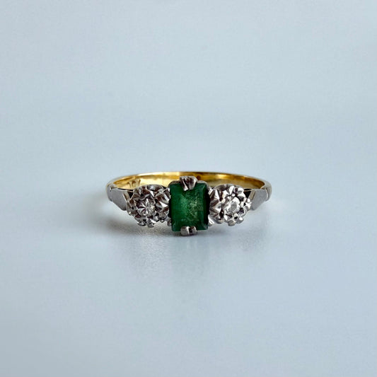 Antique 18K Two-Tone Emerald & Diamond Ring