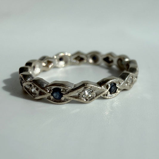 Vintage British 18k White Gold Sapphire & Diamond Eternity Band