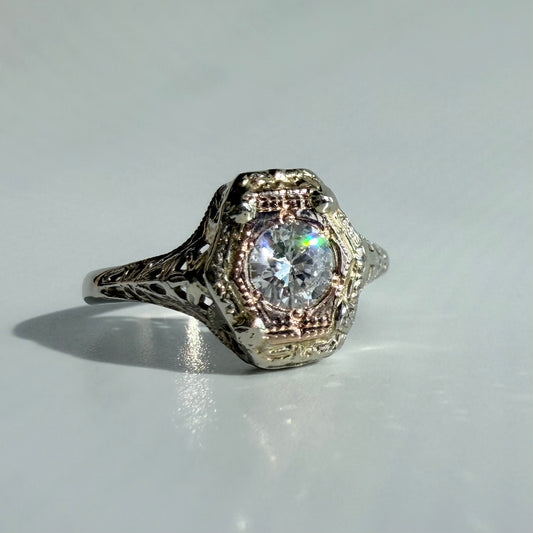 Art Deco Tri-Tone 14K Gold Old European Cut Diamond Shield Ring