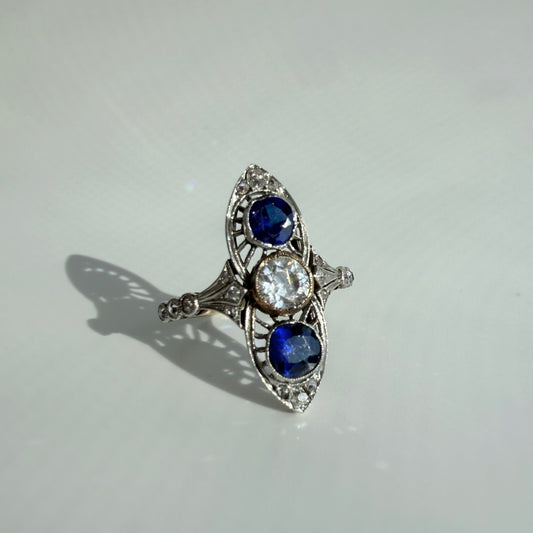 French Victorian 18K & Platinum Navette Ring