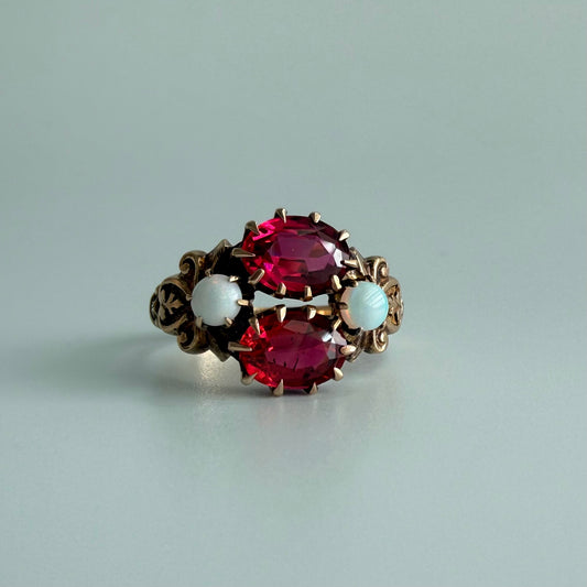 Antique J.R. Wood & Sons Garnet & Glass Doublet 10K Gold Ring